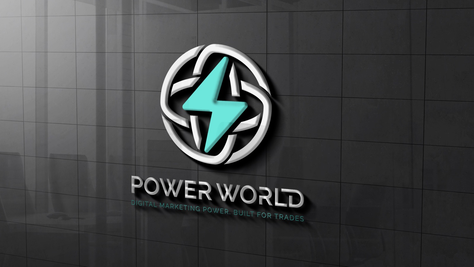 Powerworld logo mockup on a wall